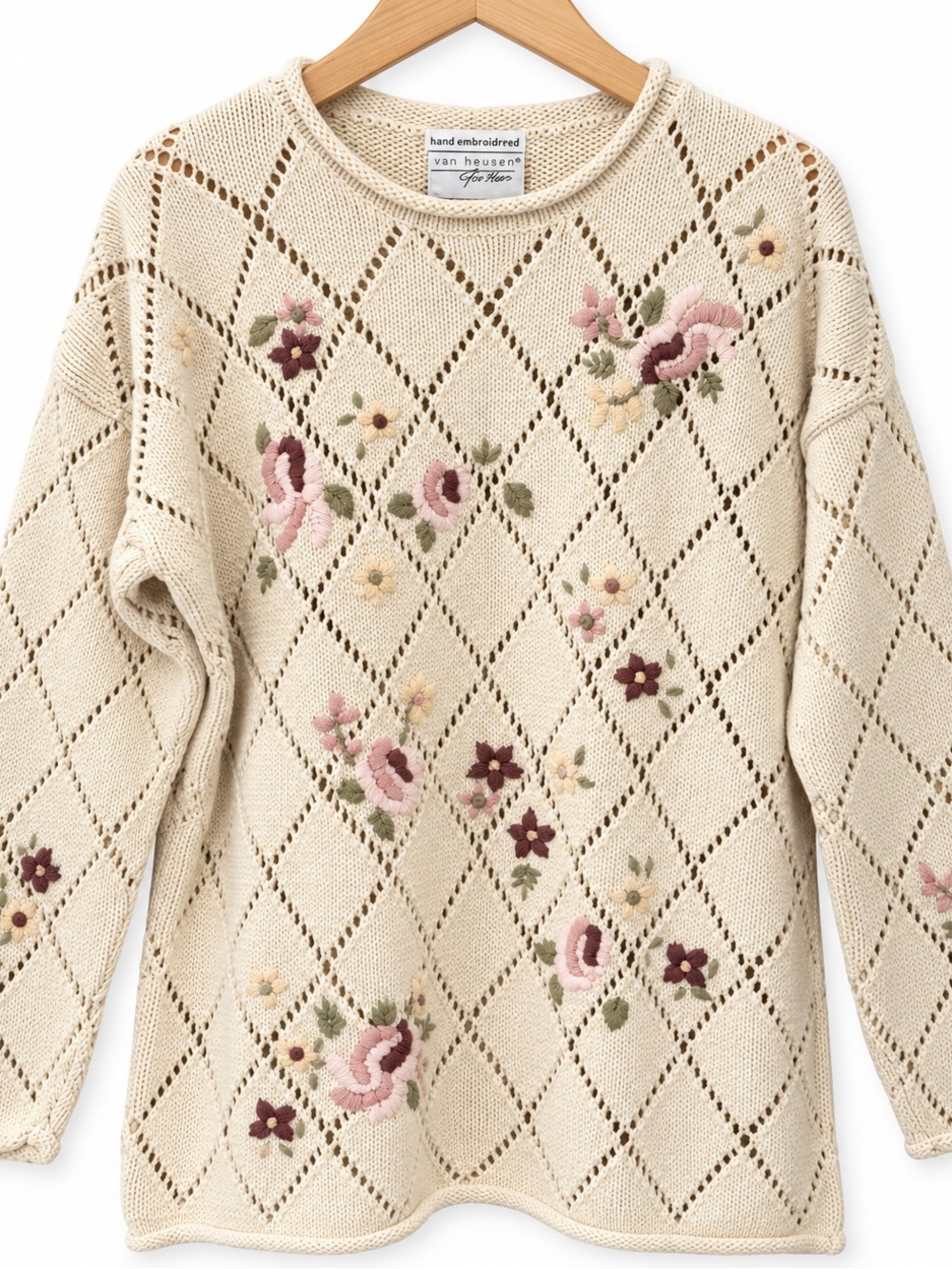 Van Heusen For Her Hand Embroidered Floral Open Knit Sweater XL Ramie Cotton